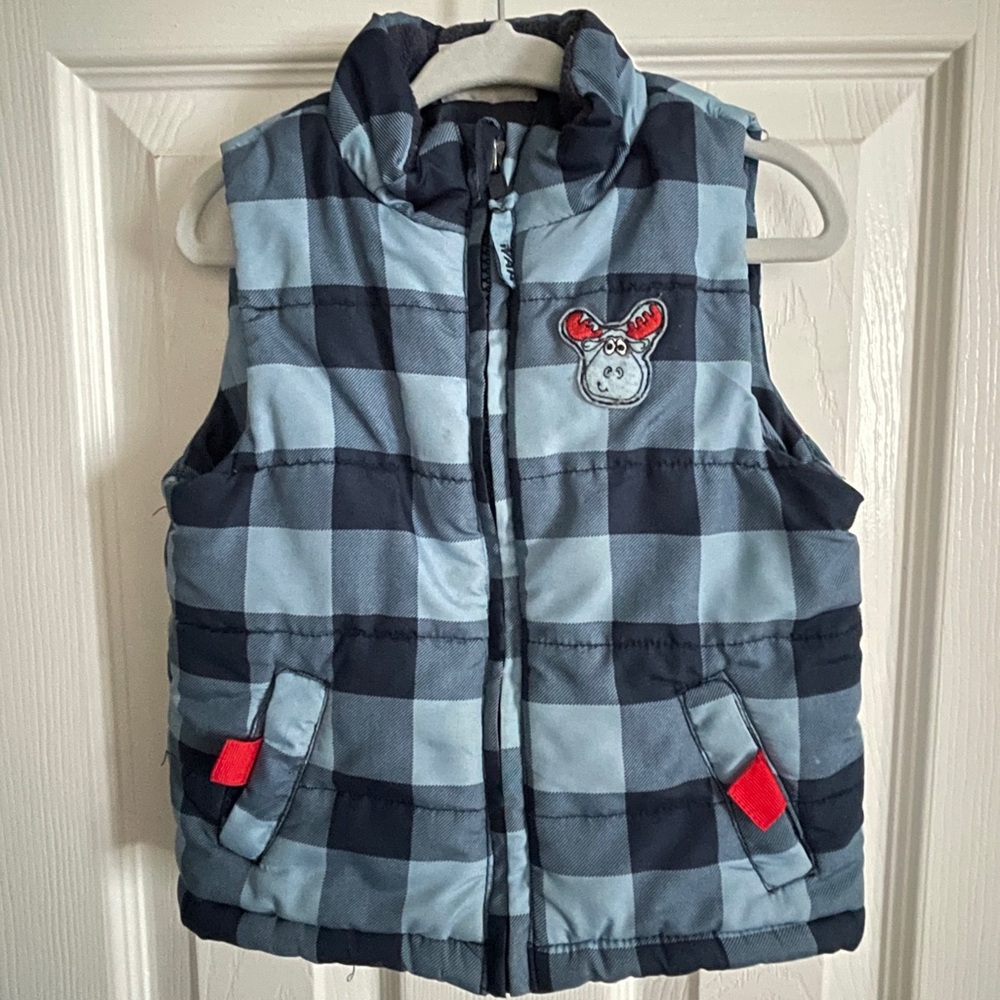Blue Checkered Puffer Vest with Embroidered Patch
